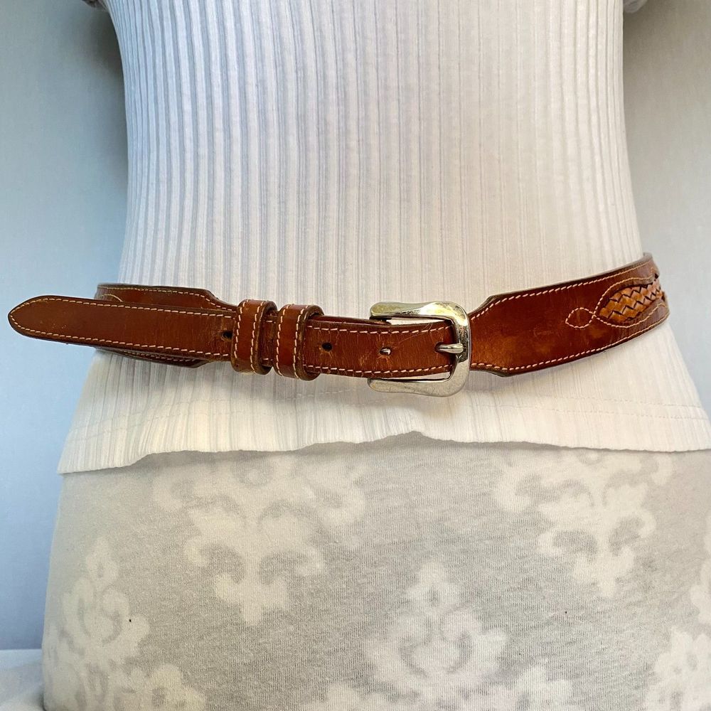 💎Leegin Western Belt Medium Waist USA Made Caramel Brown Leather Braided Inlay